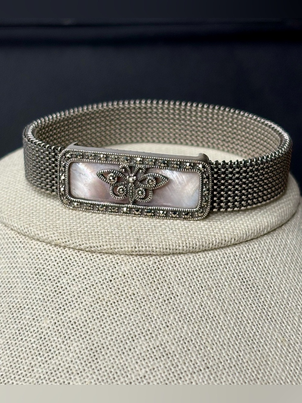Butterfly Sterling & Stainless Mesh Stretch Bracelet Mother-of-Pearl Marcasites